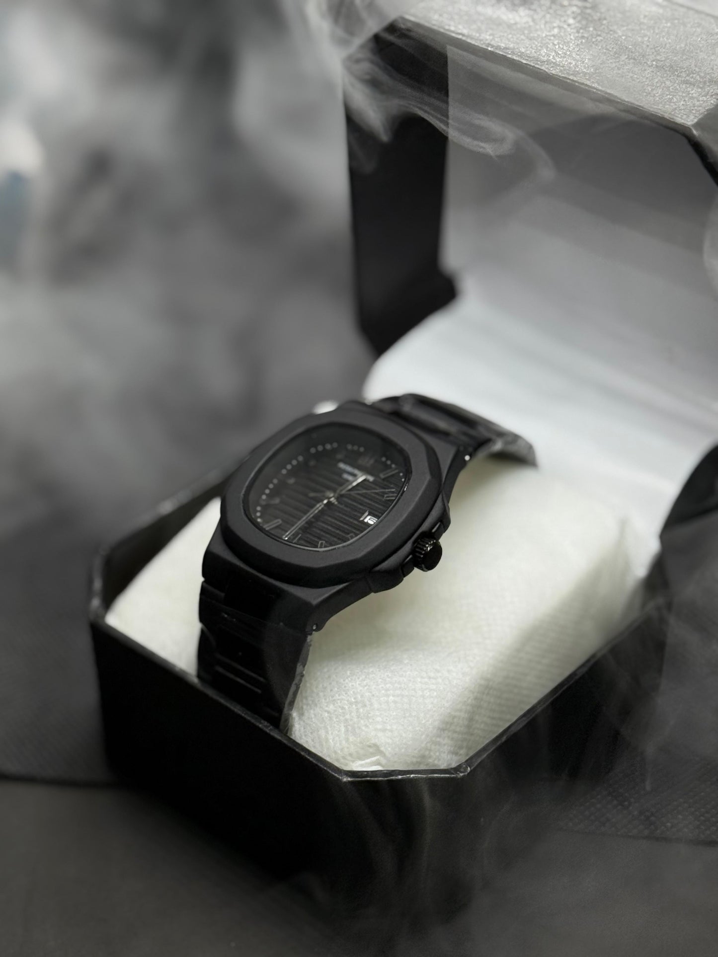 "Luxury Black Patek Philippe Nautilus Style Watch with Full Black Stainless Steel Bracelet"