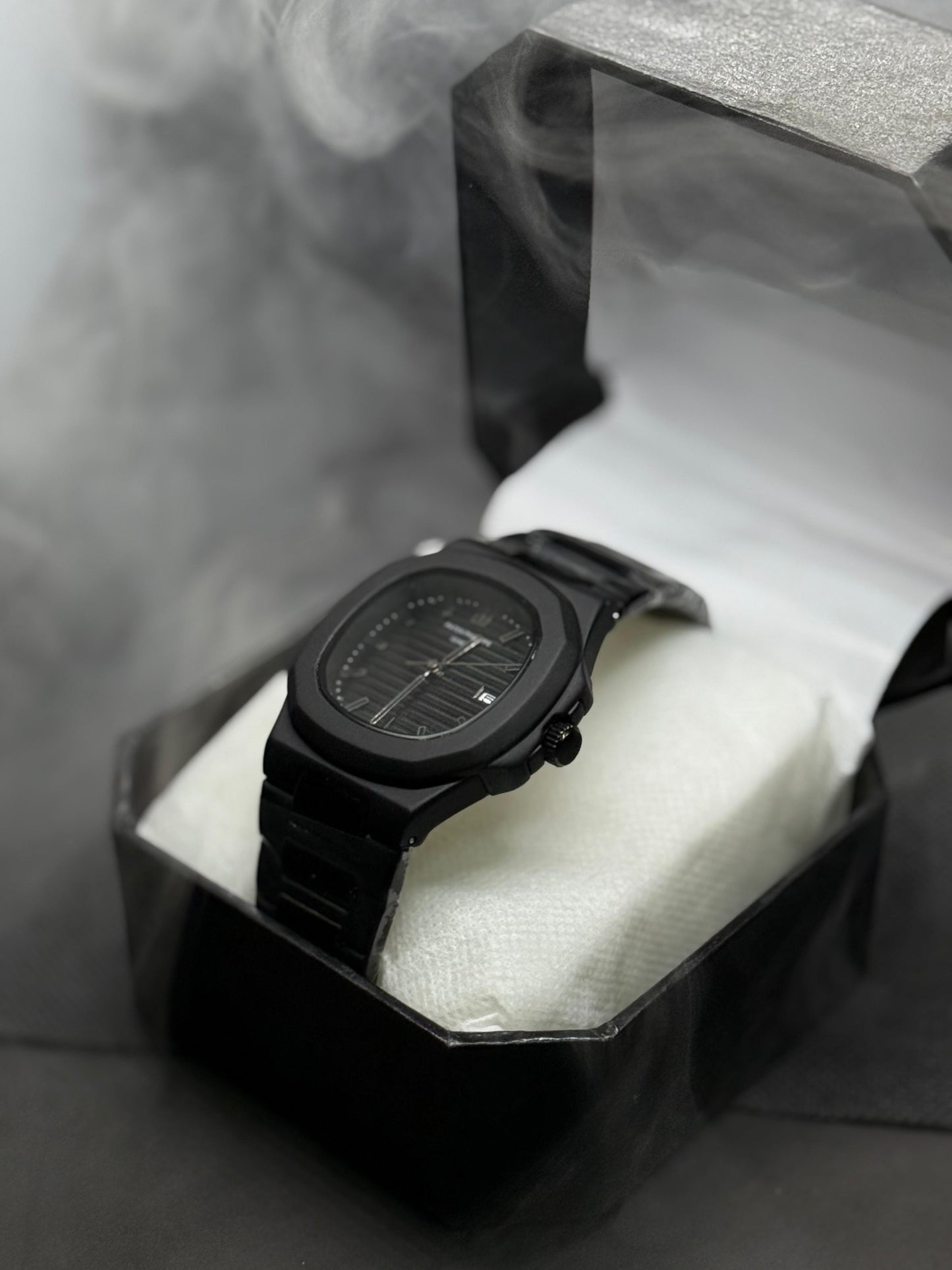 "Luxury Black Patek Philippe Nautilus Style Watch with Full Black Stainless Steel Bracelet"