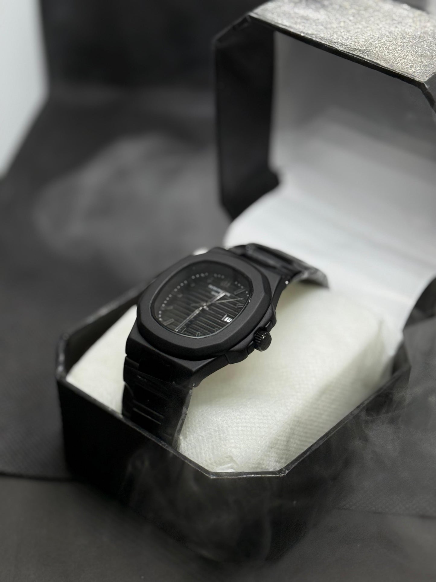 "Luxury Black Patek Philippe Nautilus Style Watch with Full Black Stainless Steel Bracelet"