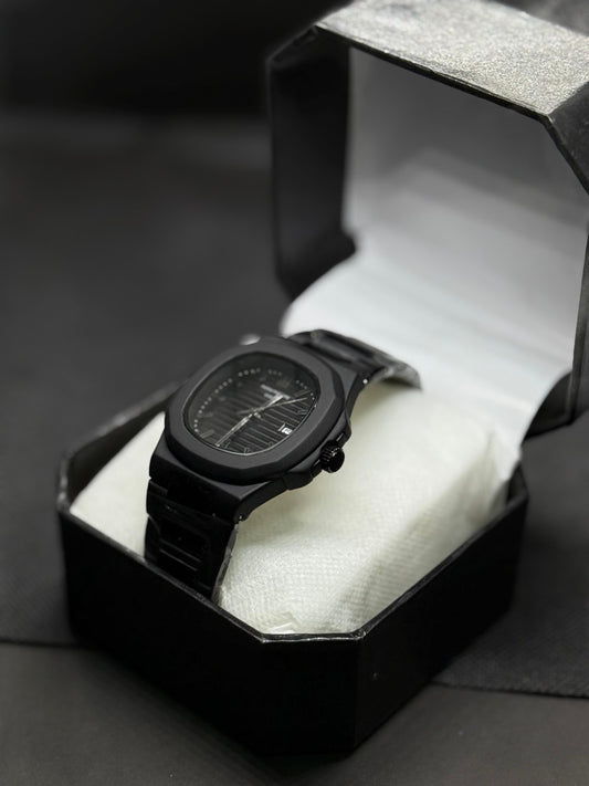 "Luxury Black Patek Philippe Nautilus Style Watch with Full Black Stainless Steel Bracelet"