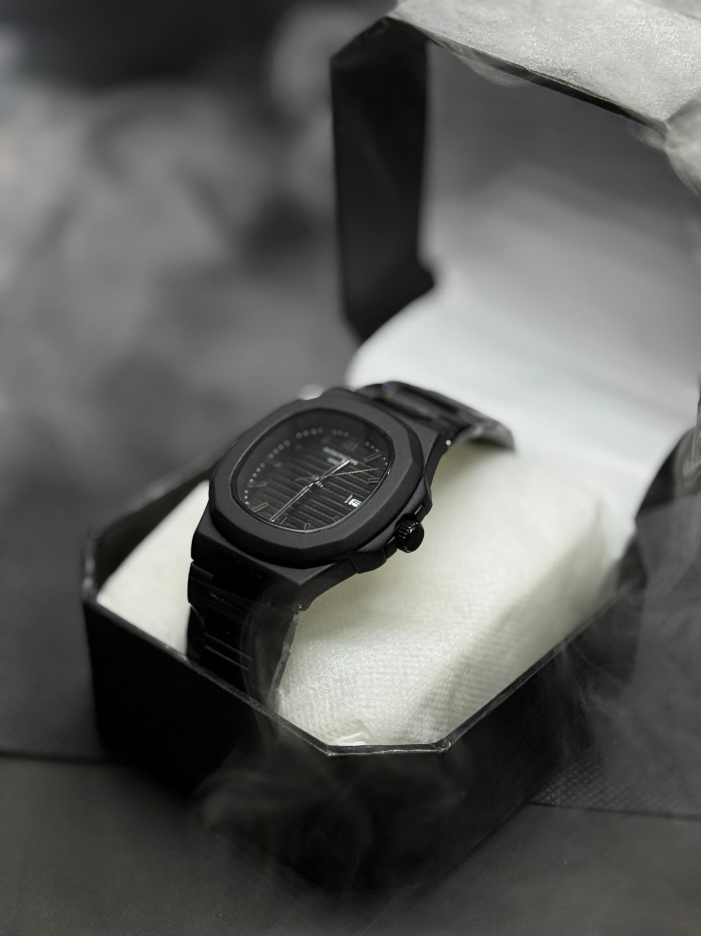 "Luxury Black Patek Philippe Nautilus Style Watch with Full Black Stainless Steel Bracelet"