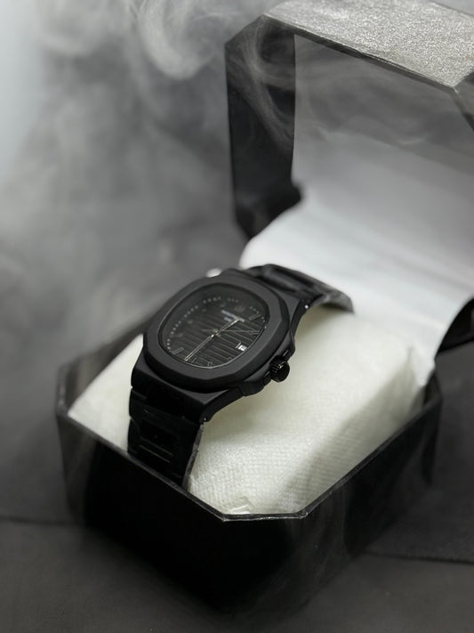"Luxury Black Patek Philippe Nautilus Style Watch with Full Black Stainless Steel Bracelet"