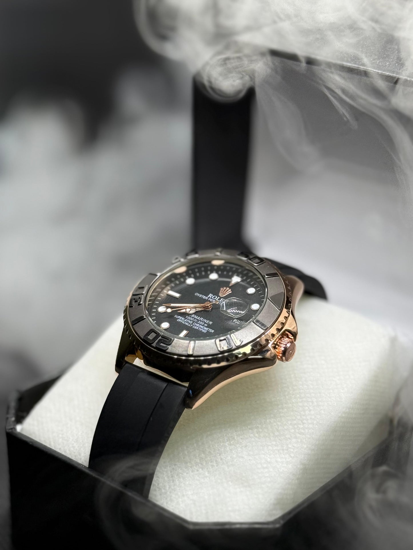 Luxury Rolex Submariner Black Dial with Rose Gold Case & Rubber Strap